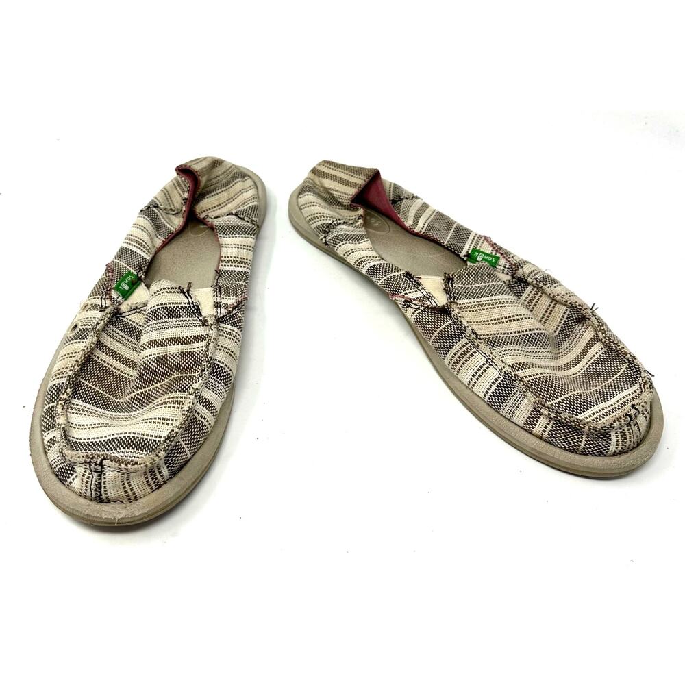Sanuk Size 12 Woman´s‎ Slip-Ons White Gray Striped Knit Comfortable Espadrilles